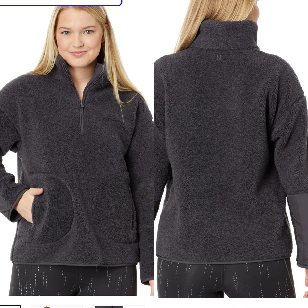 Sweaty Betty Plush Fleece Textured Half Zip Dark Gray Oversized Collared Pockets